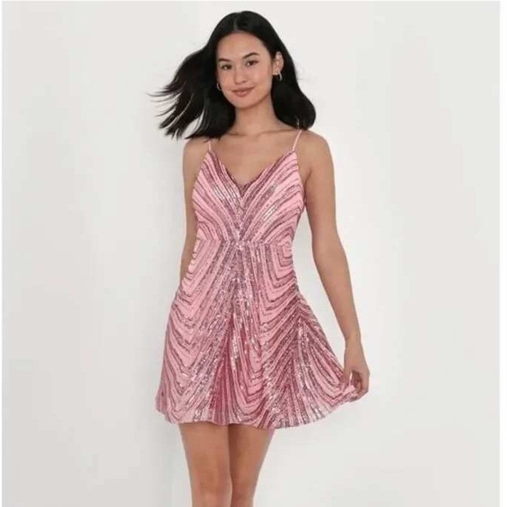Lulis Simply Shining Pink Sequin Sleeveless Skater Mini Dress Adjustable Medium